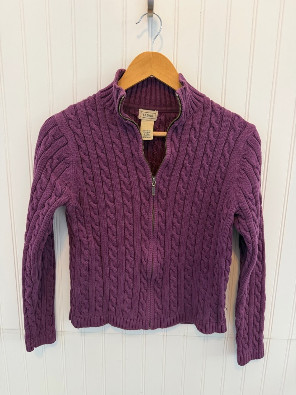 L.L. Bean Vintage Plum 100% Cotton Cable-Knit Full Zip Sweater Size XS